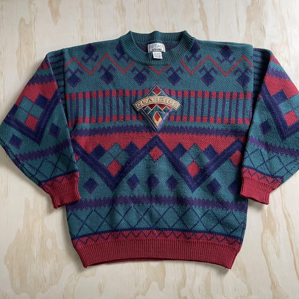 Vintage 90s 62 East‎ Sweater Size Small Green Classics Knit Pullover Crewneck